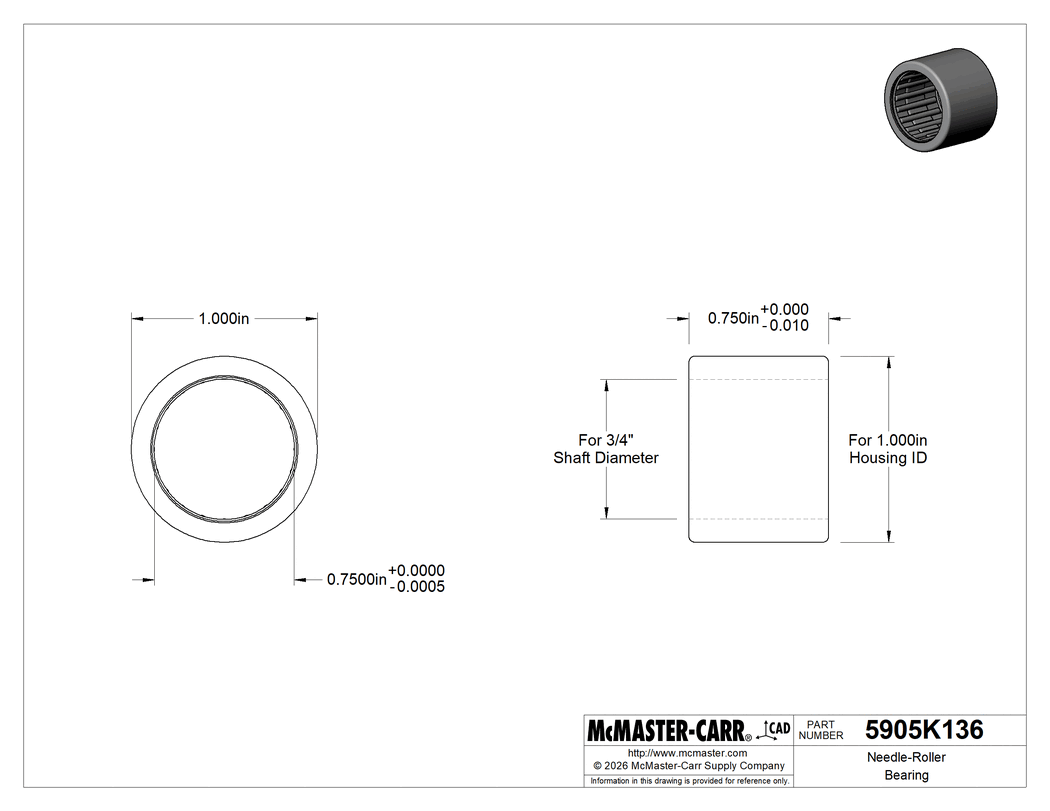 Technical Drawing of Needle-Roller Bearing, Sealed on Both Sides, for 3/4" Shaft Diameter, 3/4" Wide.